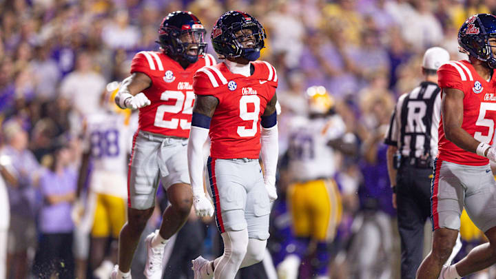 Mississippi Rebels cornerback Trey Amos reacts after a play against the LSU Tigers.