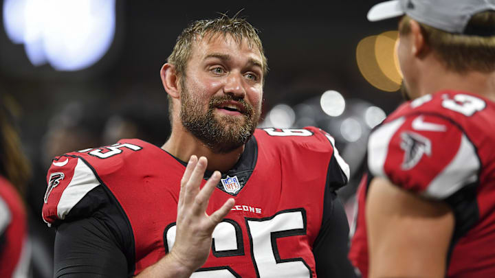 Atlanta Falcons offensive guard Brandon Fusco (65) shown on the sideline against the Kansas City Chiefs during the second half at Mercedes-Benz Stadium.