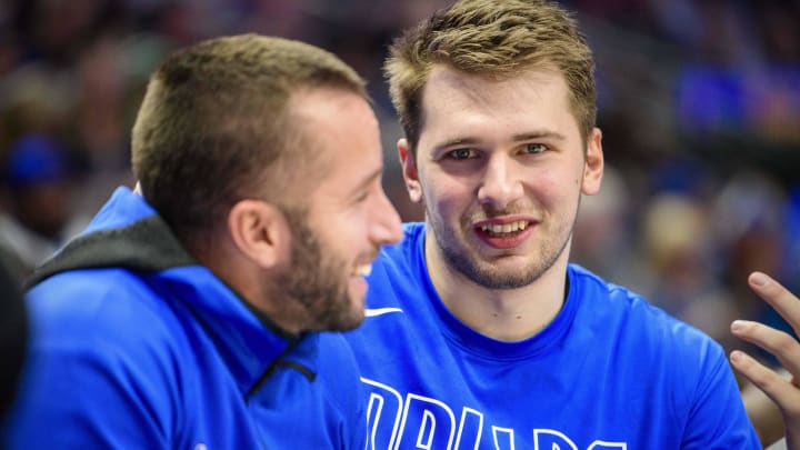 Nov 20, 2019; Dallas, TX, USA; Dallas Mavericks guard J.J. Barea (left) and forward Luka Doncic (right) during the game between the Mavericks and the Warriors at the American Airlines Center. Mandatory Credit: Jerome Miron-USA TODAY Sports