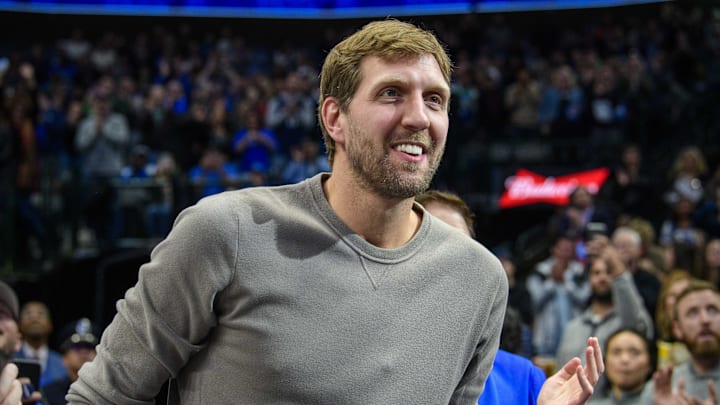 Nov 22, 2019; Dallas, TX, USA; Former Dallas Mavericks player Dirk Nowitzki smiles to the crowd during the first quarter against the Cleveland Cavaliers at the American Airlines Center. Mandatory Credit: Jerome Miron-Imagn Images