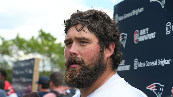 Jun 10, 2024; Foxborough, MA, USA; New England Patriots center David Andrews (60) holds a press conference after minicamp at Gillette Stadium. Mandatory Credit: Eric Canha-Imagn Images