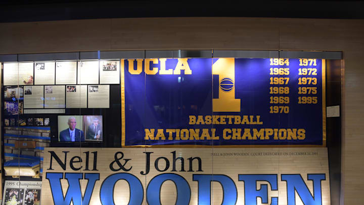 A display honoring former UCLA Bruins coach John Wooden is seen before a game between UCLA and the Central Arkansas Bears at Pauley Pavilion. A display honoring former UCLA Bruins coach John Wooden is seen before a game between UCLA and the Central Arkansas Bears at Pauley Pavilion.