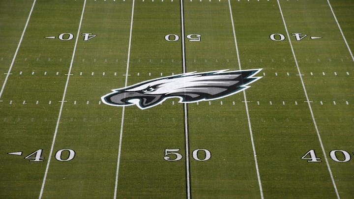 Nov 28, 2016; Philadelphia, PA, USA; General overall view of the Philadelphia Eagles logo at midfield during NFL football game against the Green Bay Packers at Lincoln Financial Field. Mandatory Credit: Kirby Lee-Imagn Images