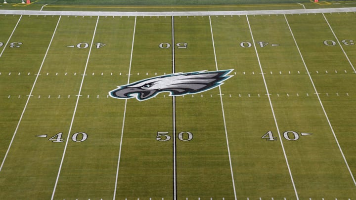 Dec 25, 2017; Philadelphia, PA, USA; General overall view of the Philadelphia Eagles logo at midfield during an NFL football game between the Oakland Raiders and the Philadelphia Eagles at Lincoln Financial Field. Mandatory Credit: Kirby Lee-Imagn Images