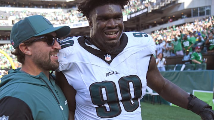 Sep 21, 2025; Philadelphia, Pennsylvania, USA; Philadelphia Eagles defensive tackle Jordan Davis (90) walks off the field after he blocked a field goal attempt and returned it for a touchdown on the final play of the game against the Los Angeles Rams at Lincoln Financial Field. Mandatory Credit: Eric Hartline-Imagn Images Sep 21, 2025; Philadelphia, Pennsylvania, USA; Philadelphia Eagles defensive tackle Jordan Davis (90) walks off the field after he blocked a field goal attempt and returned it for a touchdown on the final play of the game against the Los Angeles Rams at Lincoln Financial Field. Mandatory Credit: Eric Hartline-Imagn Images