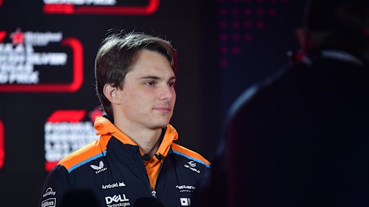 Nov 20, 2024; Las Vegas, Nevada, USA; McLaren Team driver Oscar Piastri (81) during media availalbilities at Las Vegas Circuit. Mandatory Credit: Gary A. Vasquez-Imagn Images