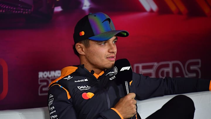 Nov 20, 2024; Las Vegas, Nevada, USA; McLaren driver Lando Norris (4) during media availabilities at Las Vegas Circuit. Mandatory Credit: Gary A. Vasquez-Imagn Images