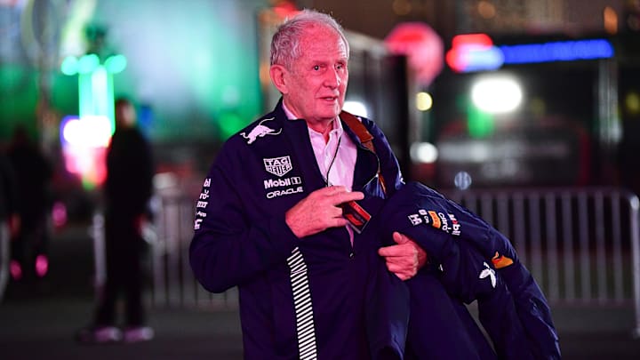 Nov 16, 2023; Las Vegas, Nevada, USA; Red Bull Racing director Helmut Marko arrives before free practice at Las Vegas Strip Circuit. Mandatory Credit: Gary A. Vasquez-Imagn Images