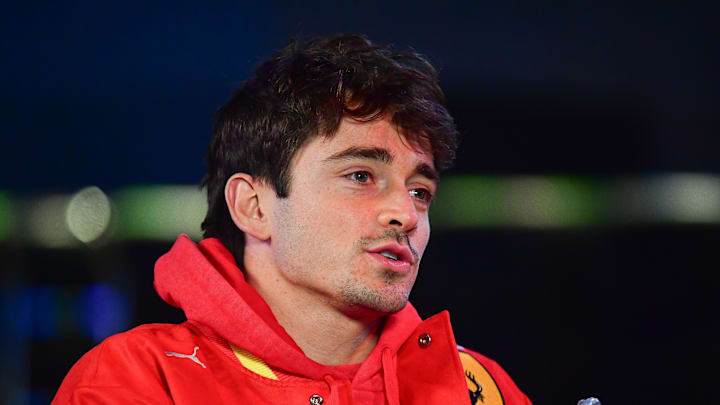 Nov 20, 2024; Las Vegas, Nevada, USA; Scuderia Ferrari driver Charles Leclerc (16) during media availabilties at Las Vegas Circuit. Mandatory Credit: Gary A. Vasquez-Imagn Images