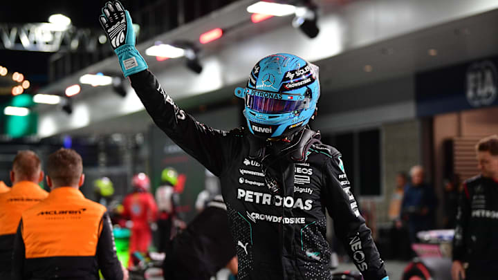 Nov 22, 2024; Las Vegas, Nevada, USA; Mercedes AMG Petronas driver George Russell (63) reacts after winning pole position during qualifying at Las Vegas Circuit. Mandatory Credit: Gary A. Vasquez-Imagn Images
