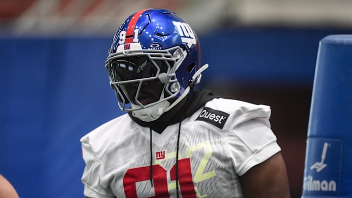 May 9, 2025; East Rutherford, NJ, USA; New York Giants defensive tackle Darius Alexander (91) participates in a drill during rookie minicamp at Quest Diagnostics Training Center. May 9, 2025; East Rutherford, NJ, USA; New York Giants defensive tackle Darius Alexander (91) participates in a drill during rookie minicamp at Quest Diagnostics Training Center.