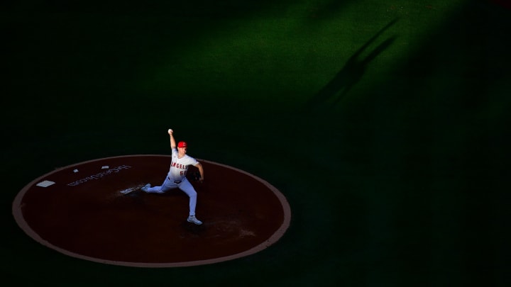 Jun 27, 2024; Anaheim, California, USA; Los Angeles Angels starting pitcher Davis Daniel (58) throws against the Detroit Tigers during the fourth inning at Angel Stadium. Mandatory Credit: Gary A. Vasquez-USA TODAY Sports