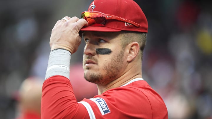Apr 13, 2024; Boston, Massachusetts, USA;  Los Angeles Angels center fielder Mike Trout (27) gets set to take the field during the eighth inning against the Boston Red Sox at Fenway Park. Mandatory Credit: Bob DeChiara-USA TODAY Sports