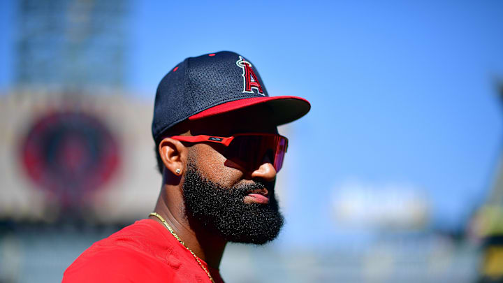 May 27, 2025; Anaheim, California, USA; Los Angeles Angels right fielder Jo Adell (7) before playing against the New York Yankees at Angel Stadium. Mandatory Credit: Gary A. Vasquez-Imagn Images