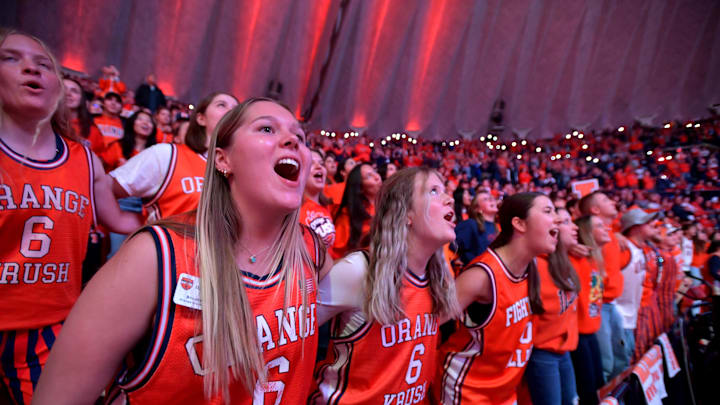 Nov 13, 2024; Champaign, Illinois, USA;  Illinois Fighting Illini fans during the first half against the Oakland Golden Grizzlies at State Farm Center. Mandatory Credit: Ron Johnson-Imagn Images