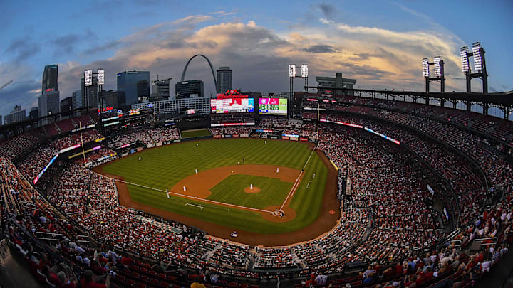 Aug 15, 2018; St. Louis, MO, USA; A general view of Busch Stadium as the sun sets during the third inning of a game between the St. Louis Cardinals and the Washington Nationals. Mandatory Credit: Jeff Curry-Imagn Images