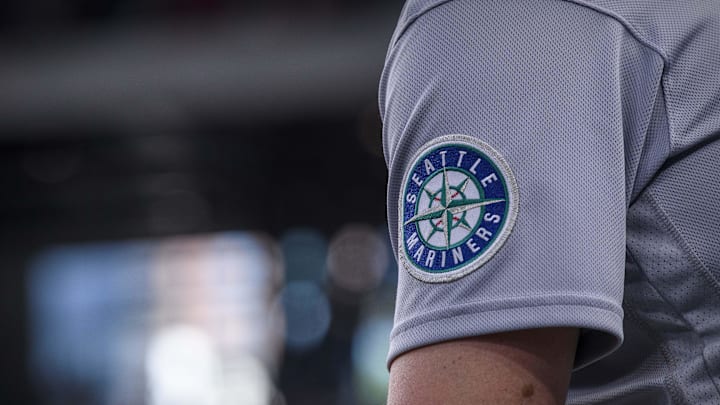 Jun 5, 2022; Arlington, Texas, USA; A view of the Seattle Mariners logo during the game between the Texas Rangers and the Seattle Mariners at Globe Life Field. Mandatory Credit: Jerome Miron-Imagn Images Jun 5, 2022; Arlington, Texas, USA; A view of the Seattle Mariners logo during the game between the Texas Rangers and the Seattle Mariners at Globe Life Field. Mandatory Credit: Jerome Miron-Imagn Images