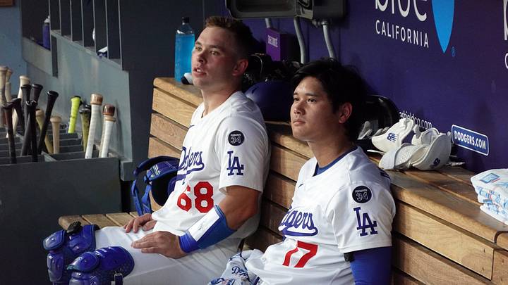 Aug 27, 2025; Los Angeles, California, USA; Los Angeles Dodgers catcher Dalton Rushing (68) and starting pitcher Shohei Ohtani (17) watch from the dugout during the game against the Cincinnati Reds at Dodger Stadium. Mandatory Credit: Kirby Lee-Imagn Images Aug 27, 2025; Los Angeles, California, USA; Los Angeles Dodgers catcher Dalton Rushing (68) and starting pitcher Shohei Ohtani (17) watch from the dugout during the game against the Cincinnati Reds at Dodger Stadium. Mandatory Credit: Kirby Lee-Imagn Images