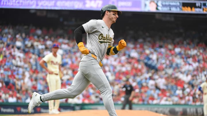Jul 14, 2024; Philadelphia, Pennsylvania, USA; Oakland Athletics outfielder Brent Rooker (25) runs the bases after hitting a two-run home run against Philadelphia Phillies pitcher Michael Mercado (63) during the sixth inning at Citizens Bank Park. Mandatory Credit: Eric Hartline-USA TODAY Sports