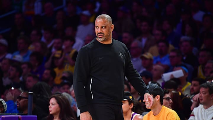Apr 29, 2026; Los Angeles, California, USA; Houston Rockets head coach Ime Udoka watches game action against the Los Angeles Lakers during the first half in game five of the first round of the 2026 NBA Playoffs at Crypto.com Arena. Mandatory Credit: Gary A. Vasquez-Imagn Images Apr 29, 2026; Los Angeles, California, USA; Houston Rockets head coach Ime Udoka watches game action against the Los Angeles Lakers during the first half in game five of the first round of the 2026 NBA Playoffs at Crypto.com Arena. Mandatory Credit: Gary A. Vasquez-Imagn Images