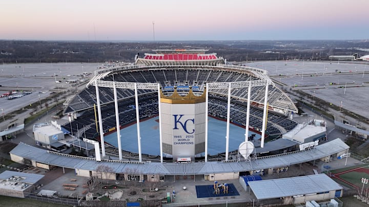 Feb 14, 2024; Kansas City, MO, USA; A general view of the Kansas City Royals 1985 and 2015 World Series championships on the scoreboard at Kauffman Stadium at the Truman Sports Complex. Mandatory Credit: Kirby Lee-Imagn Images