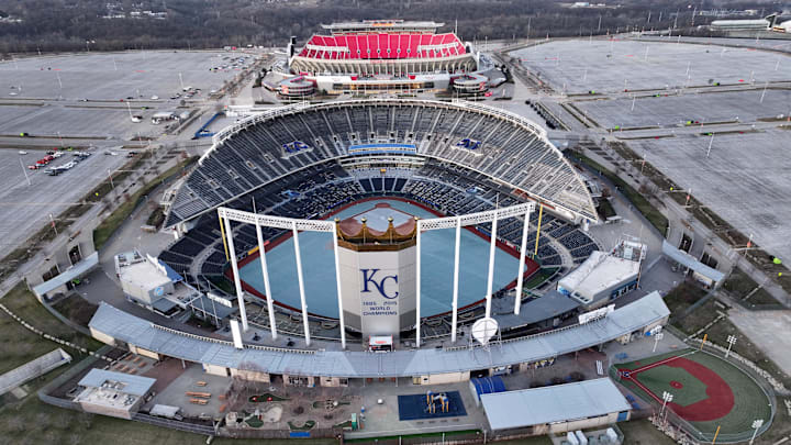 Feb 14, 2024; Kansas City, MO, USA; A general overall aerial view of Kauffman Stadium (foreground) and Arrowhead Stadium at the Truman Sports Complex. Mandatory Credit: Kirby Lee-Imagn Images