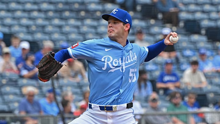 Apr 24, 2025; Kansas City, Missouri, USA;  Kansas City Royals starting pitcher Cole Ragans (55) throws a pitch in the first inning against the Colorado Rockies at Kauffman Stadium. Mandatory Credit: Peter Aiken-Imagn Images