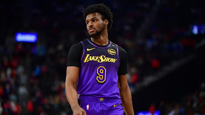 Jan 19, 2025; Inglewood, California, USA; Los Angeles Lakers guard Bronny James (9) against the Los Angeles Clippers during the second half at Intuit Dome. Mandatory Credit: Gary A. Vasquez-Imagn Images