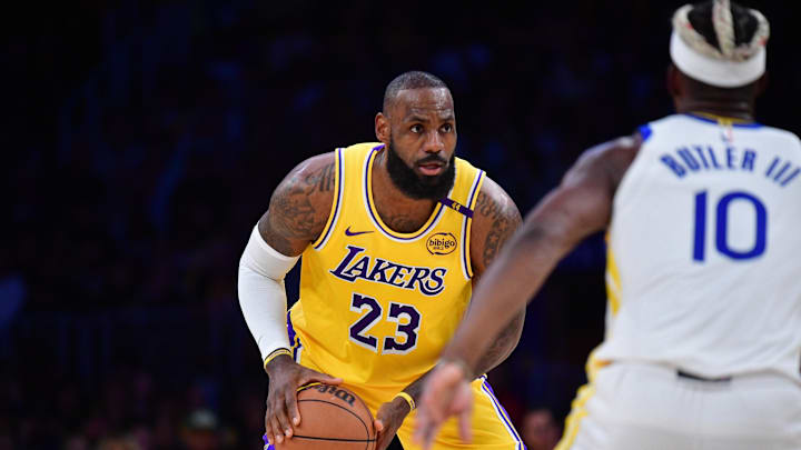 Apr 3, 2025; Los Angeles, California, USA; Los Angeles Lakers forward LeBron James (23) controls the ball against the Golden State Warriors during the first half at Crypto.com Arena. Mandatory Credit: Gary A. Vasquez-Imagn Images Apr 3, 2025; Los Angeles, California, USA; Los Angeles Lakers forward LeBron James (23) controls the ball against the Golden State Warriors during the first half at Crypto.com Arena. Mandatory Credit: Gary A. Vasquez-Imagn Images