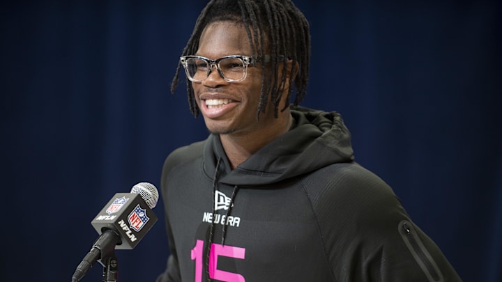 Feb 27, 2025; Indianapolis, IN, USA; Colorado defensive back Travis Hunter (DB15) during the 2025 NFL Combine at Lucas Oil Stadium. Mandatory Credit: Tanner Pearson-Imagn Images Feb 27, 2025; Indianapolis, IN, USA; Colorado defensive back Travis Hunter (DB15) during the 2025 NFL Combine at Lucas Oil Stadium. Mandatory Credit: Tanner Pearson-Imagn Images