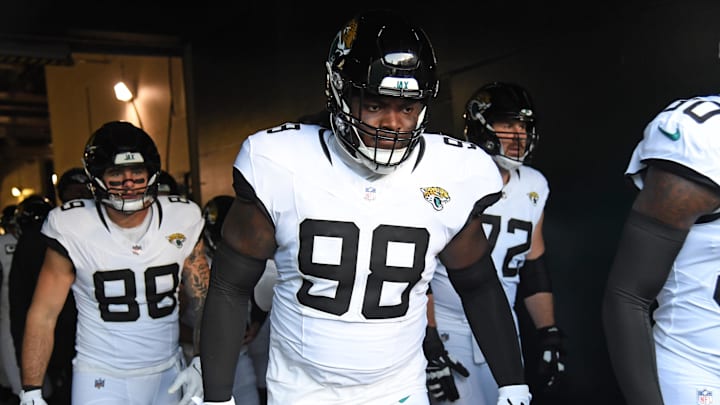 Nov 3, 2024; Philadelphia, Pennsylvania, USA; Jacksonville Jaguars defensive tackle Jordan Jefferson (98) in the tunnel against the Philadelphia Eagles at Lincoln Financial Field. Mandatory Credit: Eric Hartline-Imagn Images Nov 3, 2024; Philadelphia, Pennsylvania, USA; Jacksonville Jaguars defensive tackle Jordan Jefferson (98) in the tunnel against the Philadelphia Eagles at Lincoln Financial Field. Mandatory Credit: Eric Hartline-Imagn Images