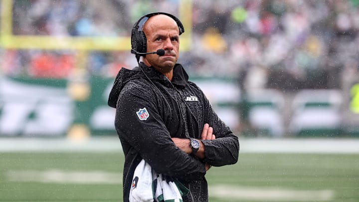 Sep 29, 2024; East Rutherford, New Jersey, USA; New York Jets head coach Robert Saleh looks on during the first half against the Denver Broncos at MetLife Stadium. Mandatory Credit: Vincent Carchietta-Imagn Images Sep 29, 2024; East Rutherford, New Jersey, USA; New York Jets head coach Robert Saleh looks on during the first half against the Denver Broncos at MetLife Stadium. Mandatory Credit: Vincent Carchietta-Imagn Images