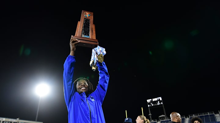 Miami Northwestern's Teddy Bridgewater raises the state trophy following the team's win over Raines in the Class 3A championship on Dec. 14, 2024. Miami Northwestern's Teddy Bridgewater raises the state trophy following the team's win over Raines in the Class 3A championship on Dec. 14, 2024.