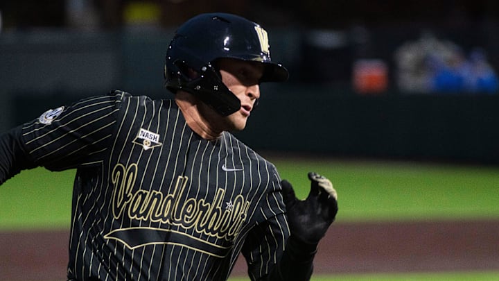 Vanderbilts RJ Schreck runs past third base and heads to home during the baseball game between Vanderbilt and UCLA at Hawkins Field in Nashville , Tenn., Friday, Feb. 24, 2023.