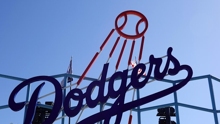 Apr 29, 2025; Los Angeles, California, USA; The Los Angeles Dodgers logo in the outfield pavilion at Dodger Stadium. Mandatory Credit: Kirby Lee-Imagn Images