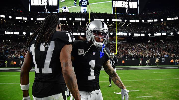 Nov 12, 2023; Paradise, Nevada, USA; Las Vegas Raiders wide receiver Davante Adams (17) and safety Marcus Epps (1) celebrate the victory against the New York Jets at Allegiant Stadium. Mandatory Credit: Gary A. Vasquez-USA TODAY Sports Nov 12, 2023; Paradise, Nevada, USA; Las Vegas Raiders wide receiver Davante Adams (17) and safety Marcus Epps (1) celebrate the victory against the New York Jets at Allegiant Stadium. Mandatory Credit: Gary A. Vasquez-USA TODAY Sports