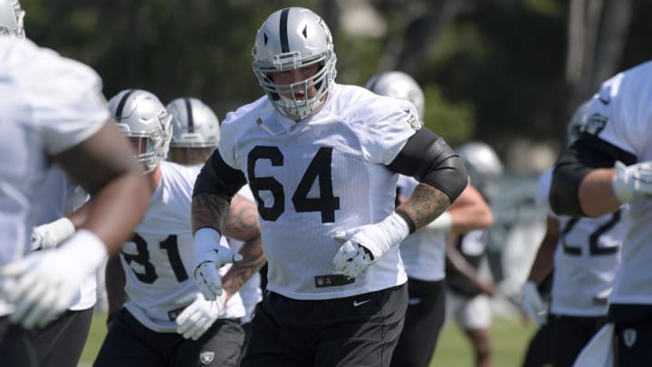 May 28, 2019; Alameda, CA, USA; Oakland Raiders guard Richie Incognito (64) during organized team activities at the Raiders practice facility. Mandatory Credit: Kirby Lee-USA TODAY Sports May 28, 2019; Alameda, CA, USA; Oakland Raiders guard Richie Incognito (64) during organized team activities at the Raiders practice facility. Mandatory Credit: Kirby Lee-USA TODAY Sports