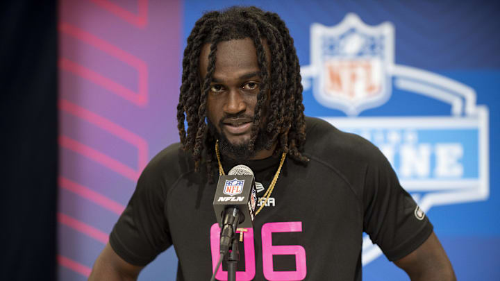 Feb 27, 2025; Indianapolis, IN, USA; Ohio State defensive back Denzel Burke (DB06) during the 2025 NFL Combine at Lucas Oil Stadium. Mandatory Credit: Tanner Pearson-Imagn Images Feb 27, 2025; Indianapolis, IN, USA; Ohio State defensive back Denzel Burke (DB06) during the 2025 NFL Combine at Lucas Oil Stadium. Mandatory Credit: Tanner Pearson-Imagn Images