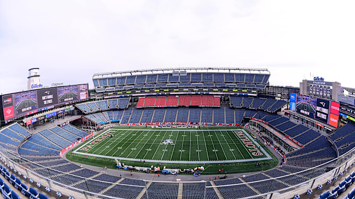 Dec 1, 2024; Foxborough, Massachusetts, USA; A general overview of the game field with the Pat Patriot throwback logo at Gillette Stadium prior to a game against the Indianapolis Colts. Mandatory Credit: Eric Canha-Imagn Images