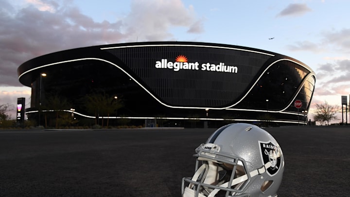 Dec 17, 2020; Paradise, Nevada, USA; A general view of a as Vegas Raiders helmet at Allegiant Stadium. Mandatory Credit: Kirby Lee-Imagn Images