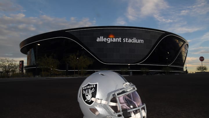 Dec 26, 2020; Paradise, Nevada, USA; A general view of a Las Vegas Raiders helmet outside of Allegiant Stadium  before the game against the Miami Dolphins. Mandatory Credit: Kirby Lee-Imagn Images