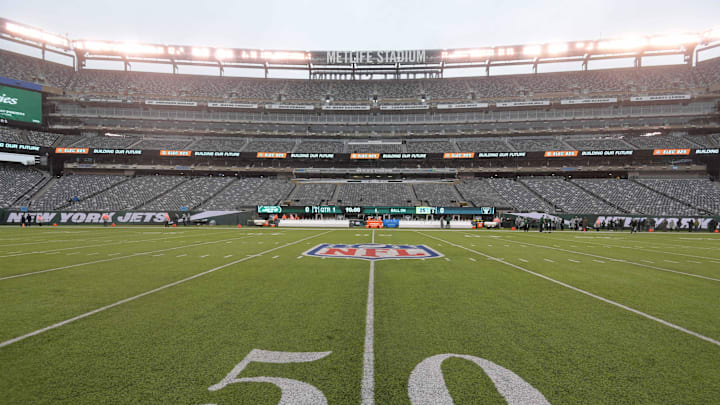 Nov 24, 2019; East Rutherford, NJ, USA; General overall view of the 50-yard line and the NFL shield logo at MetLife Stadium before the game between the New York Jets and the Oakland Raiders. Mandatory Credit: Kirby Lee-Imagn Images
