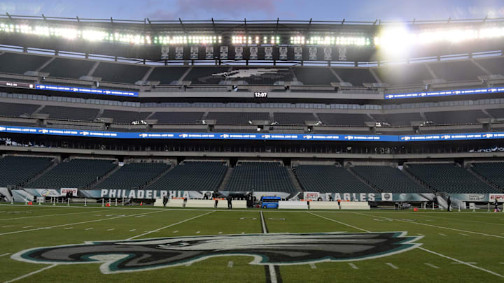 Dec 25, 2017; Philadelphia, PA, USA; General overall view of the Philadelphia Eagles logo at midfield during an NFL football game between the Oakland Raiders and the Philadelphia Eagles at Lincoln Financial Field. Mandatory Credit: Kirby Lee-Imagn Images