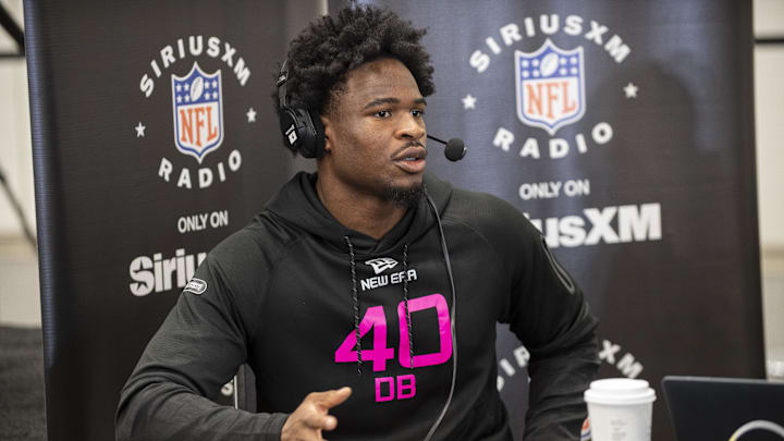Feb 27, 2025; Indianapolis, IN, USA; South Carolina defensive back Nick Emmanwori (DB40) during the 2025 NFL Combine at Lucas Oil Stadium. Mandatory Credit: Tanner Pearson-Imagn Images