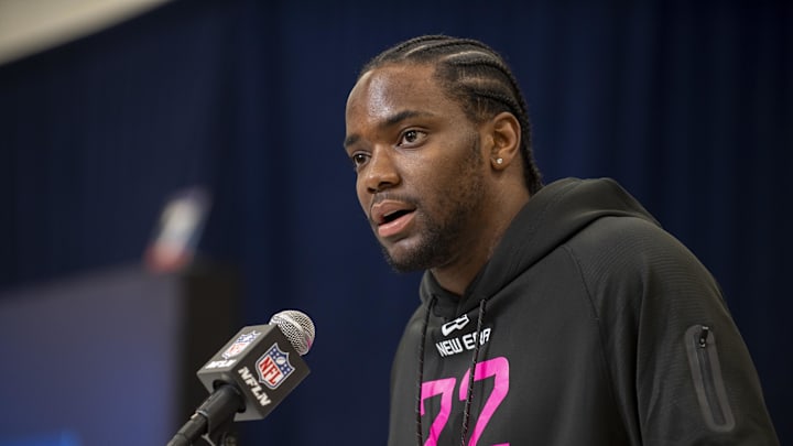 Feb 27, 2025; Indianapolis, IN, USA; Notre Dame defensive back Benjamin Morrison (DB22) during the 2025 NFL Combine at Lucas Oil Stadium. Mandatory Credit: Tanner Pearson-Imagn Images