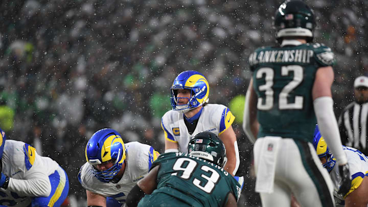 Jan 19, 2025; Philadelphia, Pennsylvania, USA; Los Angeles Rams quarterback Matthew Stafford (9) prepares for a snap against the Philadelphia Eagles in the first half in a 2025 NFC divisional round game at Lincoln Financial Field. Mandatory Credit: Eric Hartline-Imagn Images Jan 19, 2025; Philadelphia, Pennsylvania, USA; Los Angeles Rams quarterback Matthew Stafford (9) prepares for a snap against the Philadelphia Eagles in the first half in a 2025 NFC divisional round game at Lincoln Financial Field. Mandatory Credit: Eric Hartline-Imagn Images