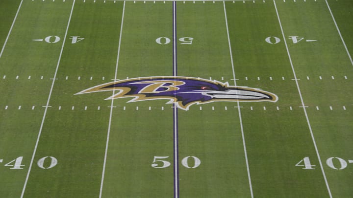Jan 6, 2019; Baltimore, MD, USA; Detailed view of the Baltimore Ravens logo at midfield during an AFC Wild Card playoff football game against the Los Angeles Chargers at M&T Bank Stadium. Mandatory Credit: Kirby Lee-Imagn Images
