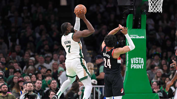 Apr 7, 2024; Boston, Massachusetts, USA; Boston Celtics guard Jaylen Brown (7) shoots the ball vs. the Portland Trail Blazers.