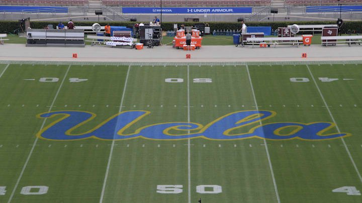 Sep 3, 2017; Pasadena, CA, USA; General overall view of the UCLA Bruins logo at midfield.