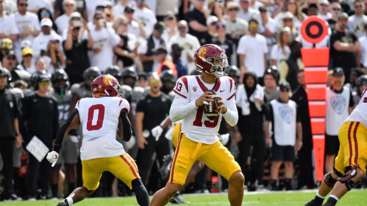 Sep 30, 2023; Boulder, Colorado, USA; USC Trojans quarterback Caleb Williams (13) in the first